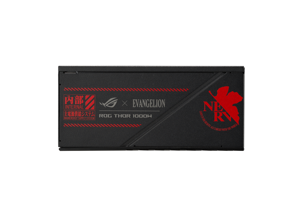 Side view of the ROG Thor 1000W Platinum II EVA Edition PSU with Evangelion themed designs