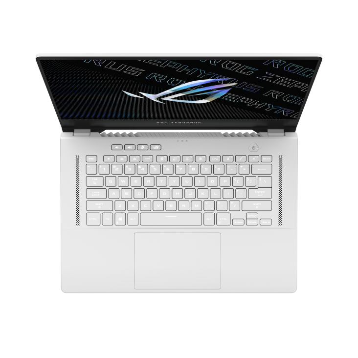 Top down view of a white Zephyrus G15, with the ROG logo visible on screen.