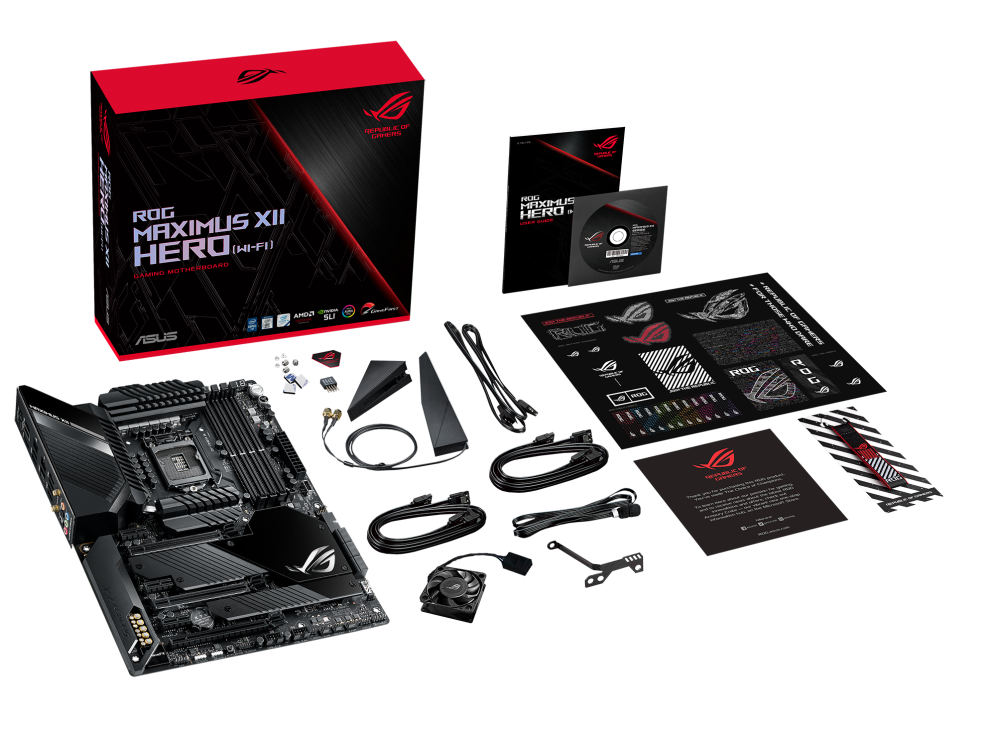 ROG MAXIMUS XII HERO (WI-FI) top view with what’s inside the box