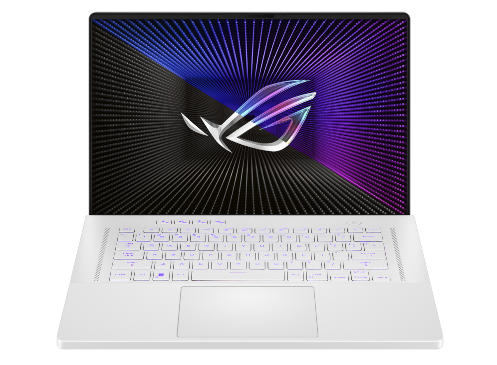 2023 Zephyrus G16 Front view of the Moonlight White variant of the Zephyrus G16, with the ROG Fearless Eye logo visible on screen