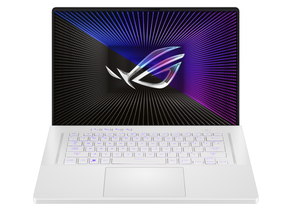 2023 Zephyrus G16 Front view of the Moonlight White variant of the Zephyrus G16, with the ROG Fearless Eye logo visible on screen komponentko