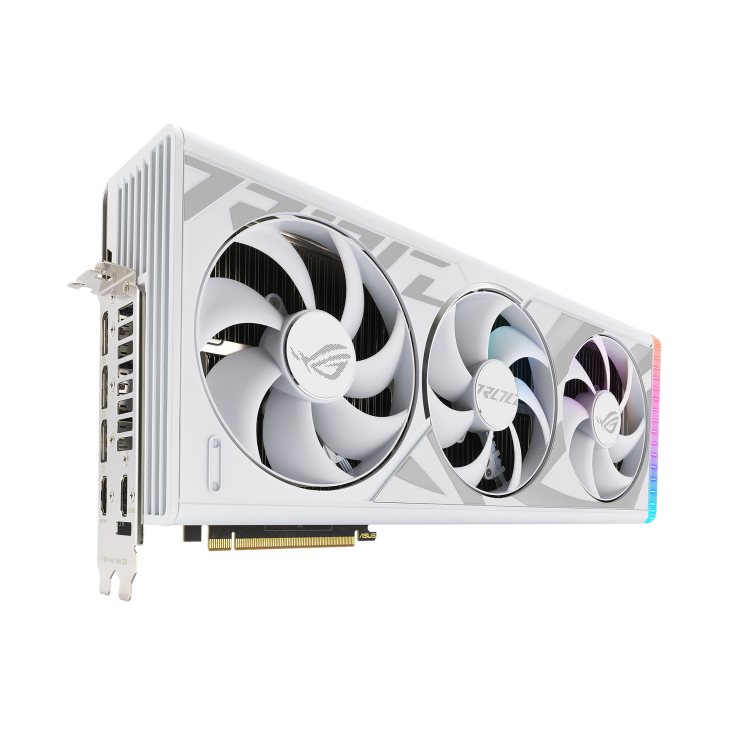 Angled top down view of the ROG Strix GeForce RTX 4080 SUPER white edition graphics card highlighting the fans, ARGB element, and IO ports1