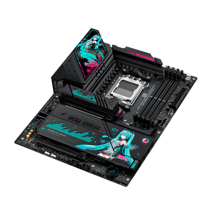 ROG STRIX X870E-H GAMING WIFI7 HATSUNE MIKU EDITION top view, angled 45 degrees to the right
