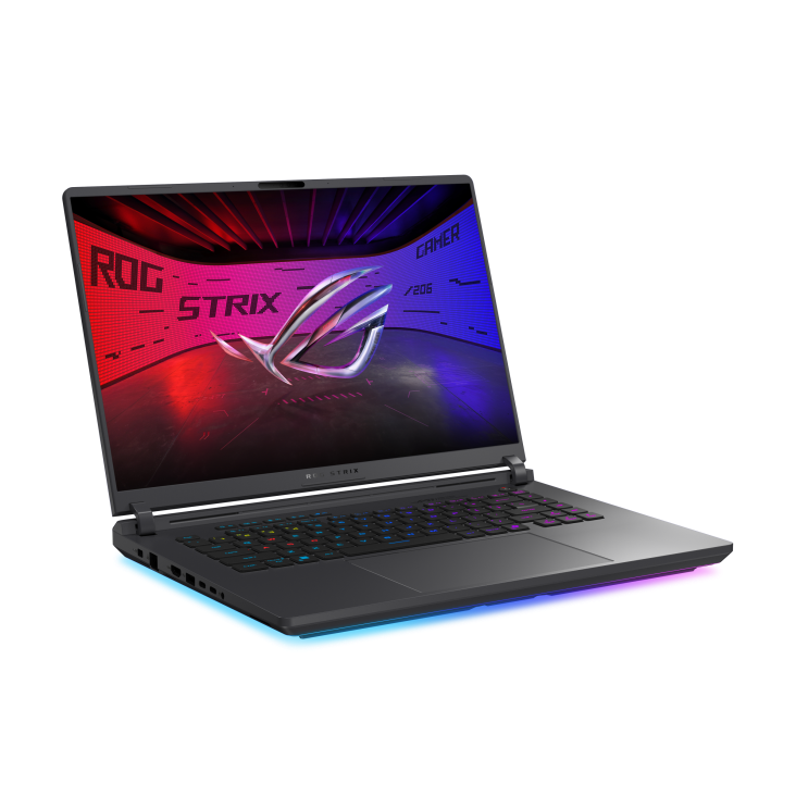 Off center shot of the front of the Strix G16, with the ROG Fearless Eye logo on screen