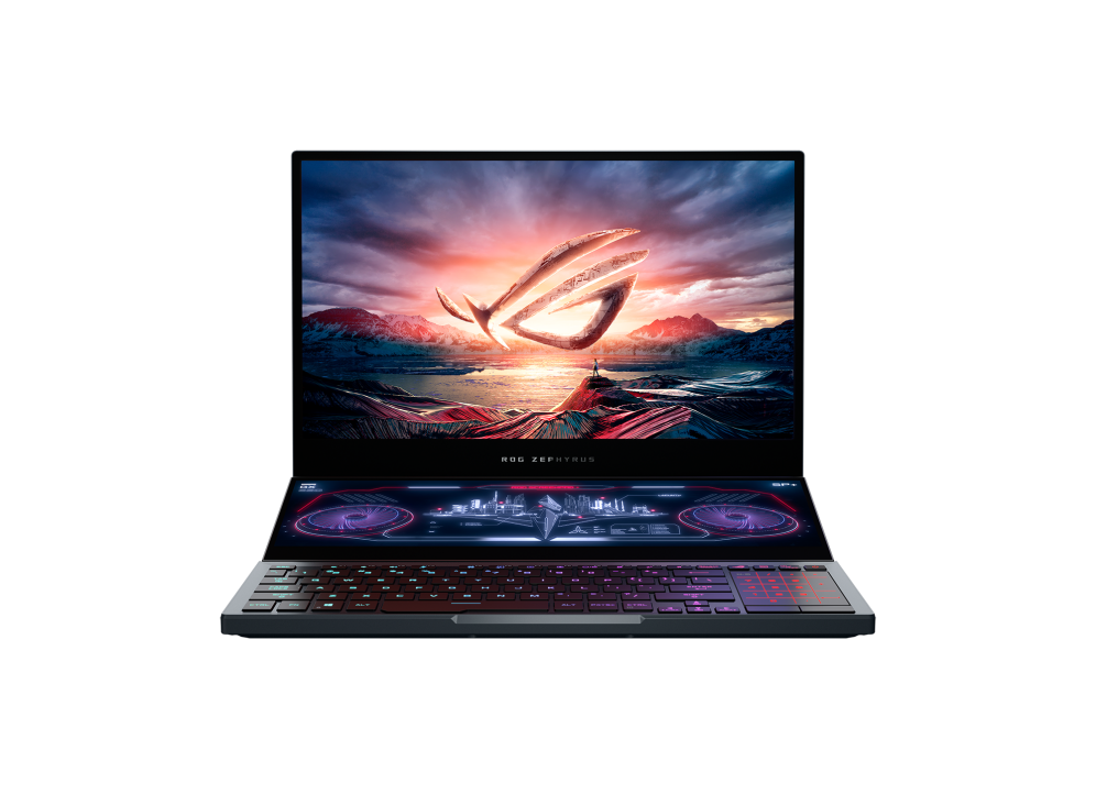 ROG Zephyrus Duo 15 front view with the ROG Fearless Eye logo on screen.