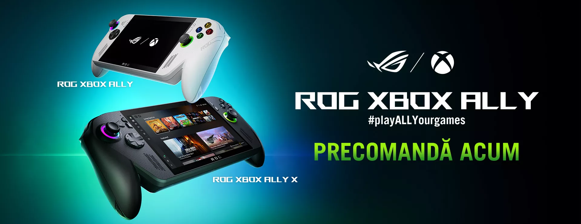 Familia ROG ALLY XBOX cu titlul de precomanda, cele doua console expuse diametral opus, in aer, pe un fundal albastru