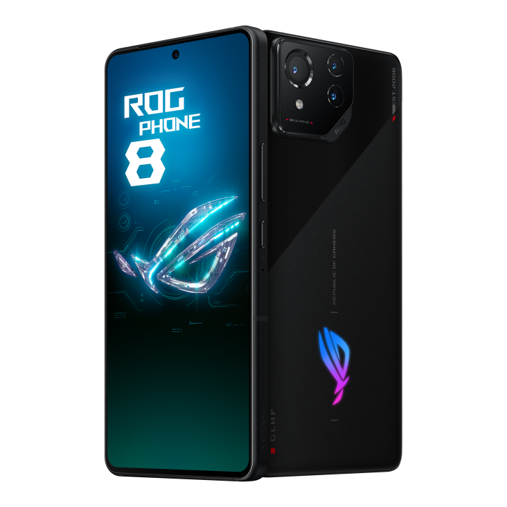 Two ROG Phone 8 in Phantom Black angled view from both front and back, tilting at 45 degrees