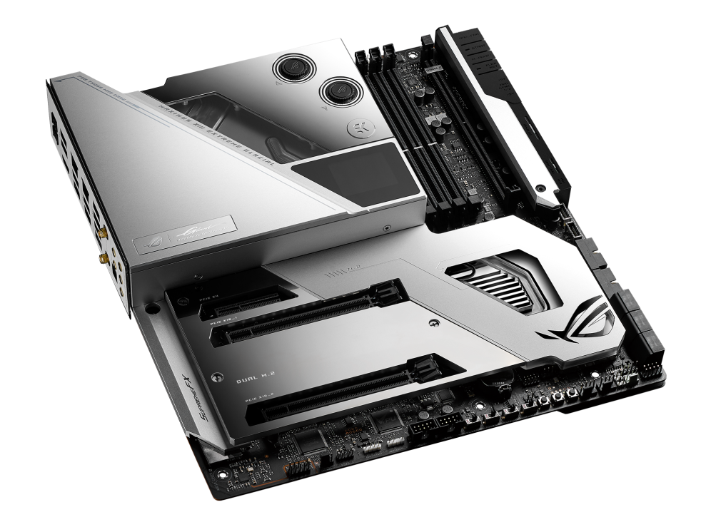 ROG Maximus XIII Extreme Glacial top and angled view from left