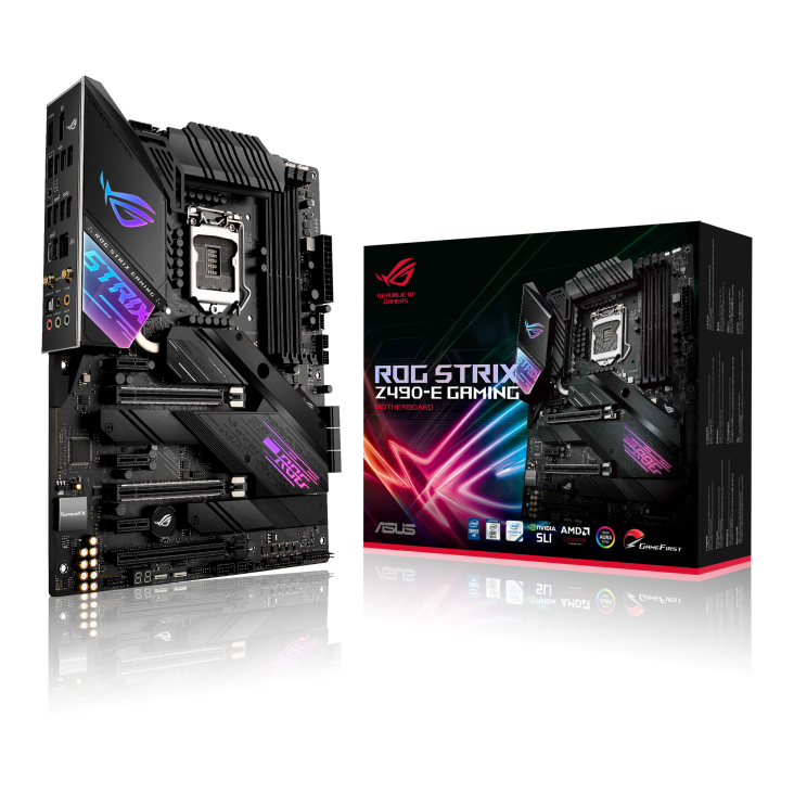 ROG STRIX Z490-E GAMING angled view from left with the box