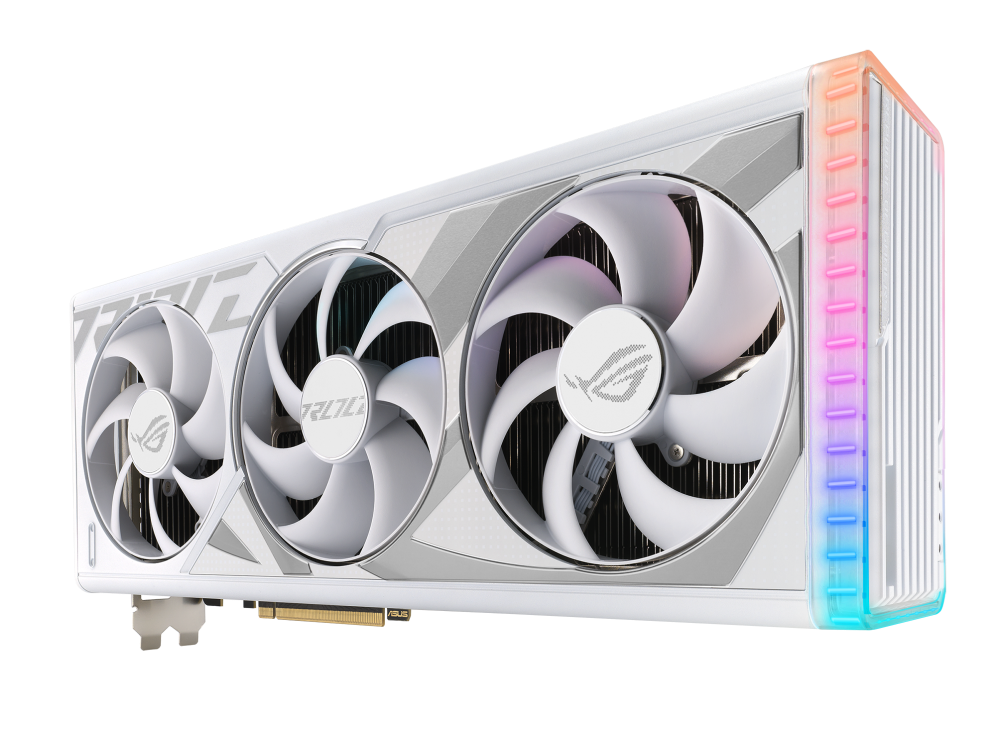 Angled top down view of the ROG Strix GeForce RTX 4090 white edition graphics card highlighting the fans, ARGB element-1