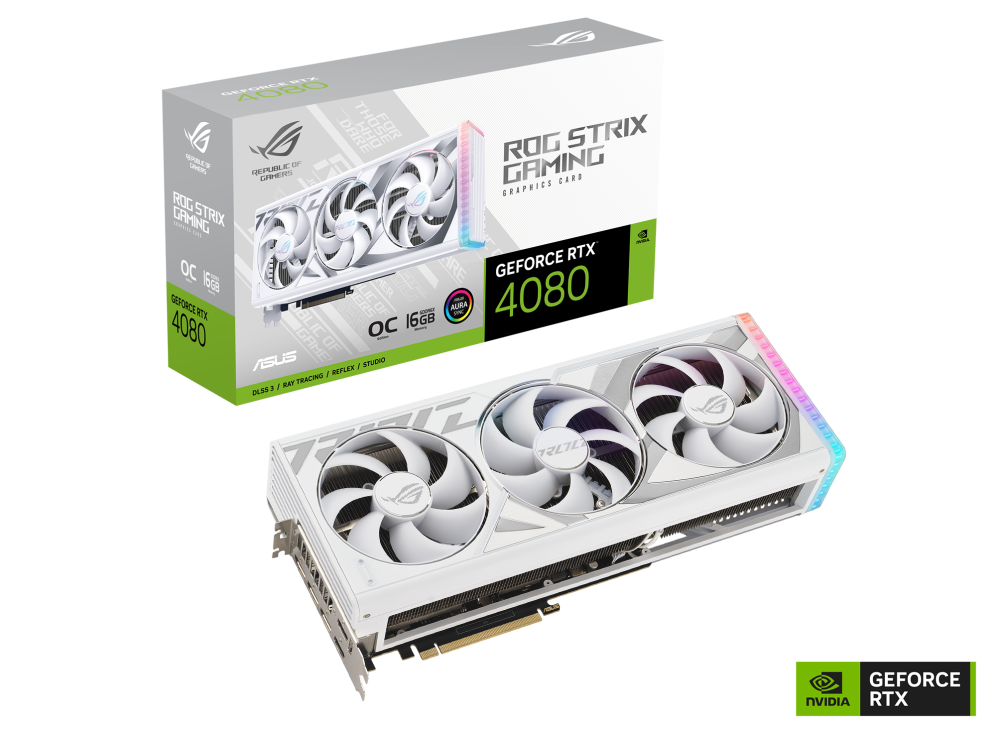ROG Strix GeForce RTX 4080 White Edition OC packaging with graphics card+NV logo