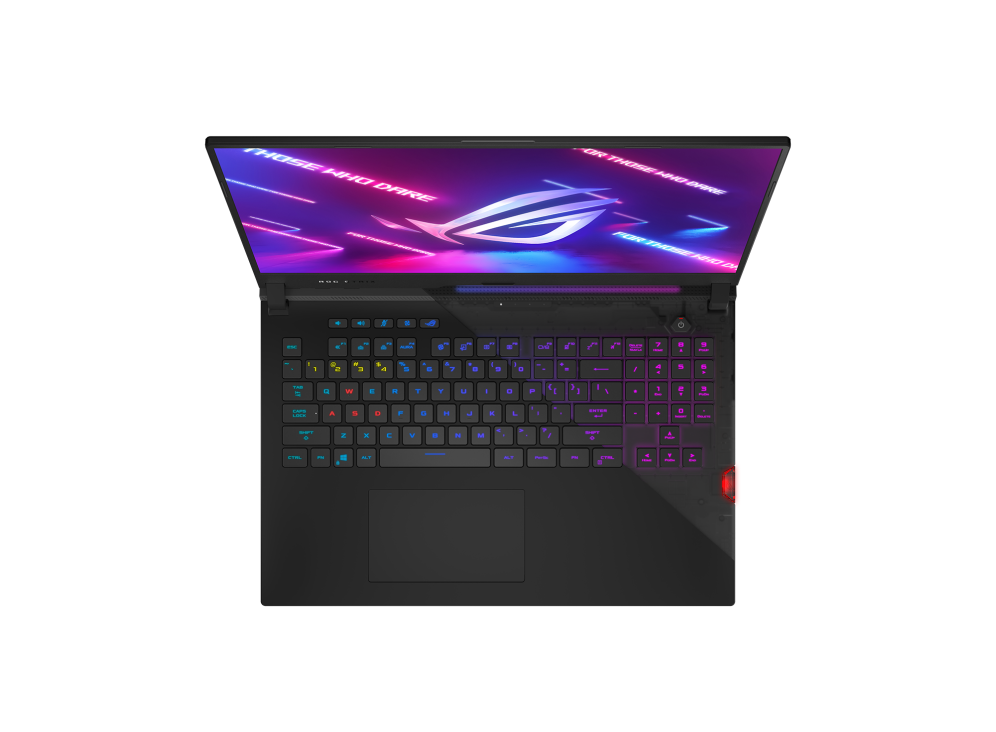 Top down view of the ROG Strix SCAR 17, with the NumberPad and keyboard illuminated and ROG logo on screen.