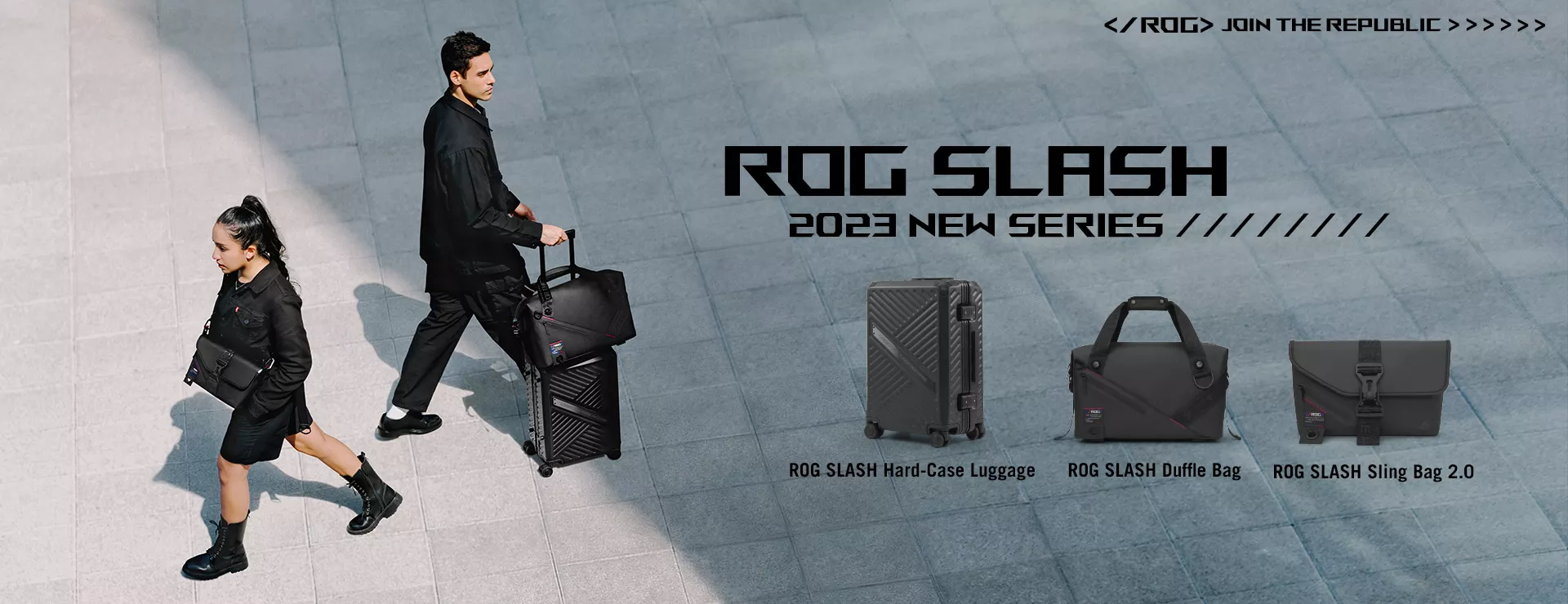 Two people passing each other on the street, with one using the ROG SLASH Sling Bag 2.0, and the other the ROG SLASH Hard Case Luggage and ROG SLASH Duffle Bag.
