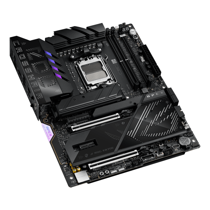 ROG CROSSHAIR X870E APEX top and angled view from left