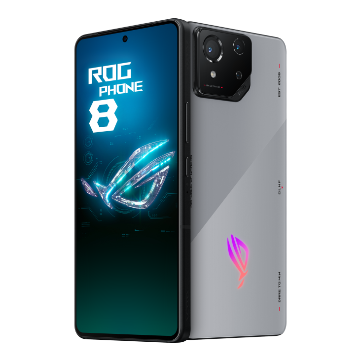 Two ROG Phone 8 in Rebel Grey angled view from both front and back, tilting at 45 degrees