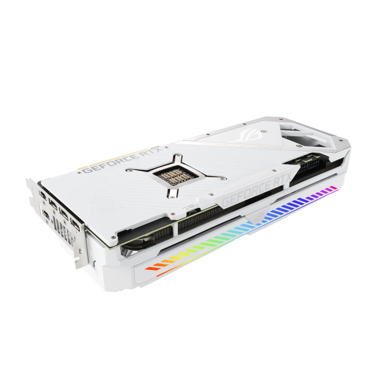 ROG-STRIX-RTX3080-10G-WHITE graphics card, rear angled view