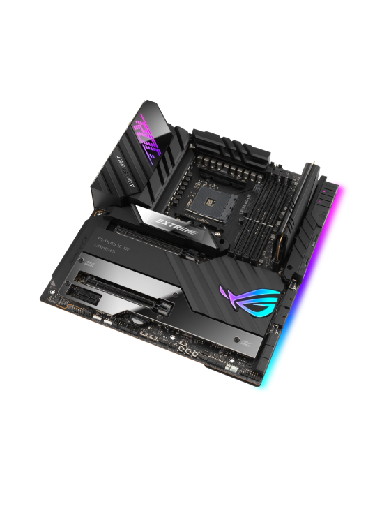 ROG CROSSHAIR VIII EXTREME top and angled view from right