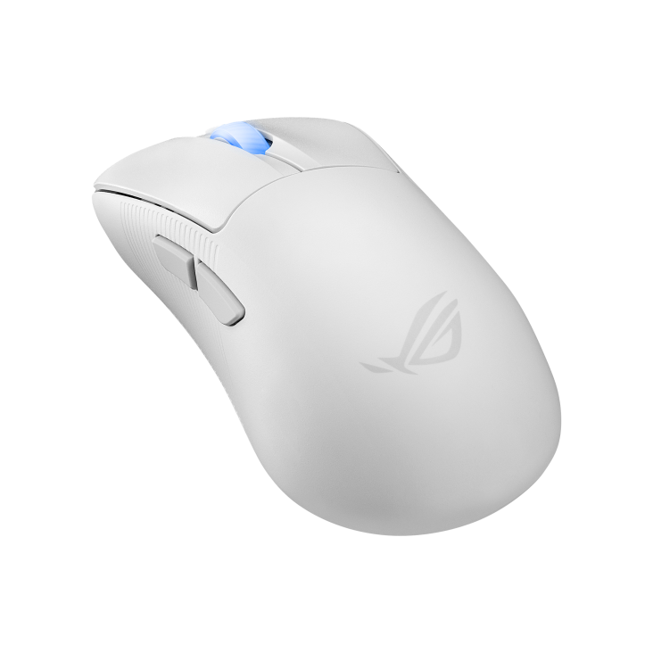 ROG Keris II Ace Moonlight White –angled view from the left with the mouse lying flatter forward