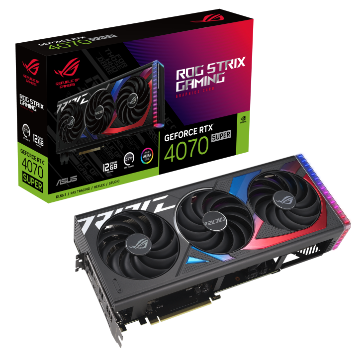 ROG Strix GeForce RTX 4070 SUPER packaging and graphics card