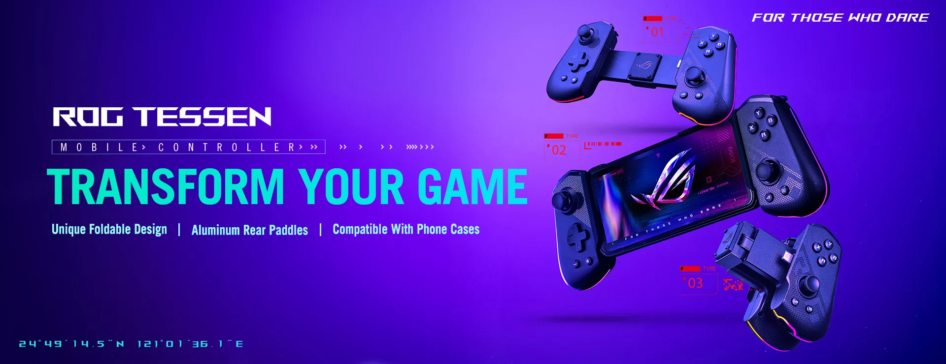 The ROG Tessen mobile controller featuring foldable design with slogan: Transform your game and KSP: unique foldable design, aluminum rear paddles, and compatible with phone cases