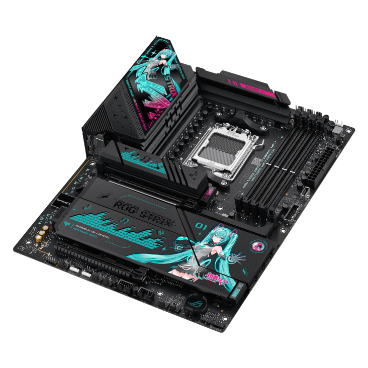 ROG STRIX X870E-H GAMING WIFI7 HATSUNE MIKU EDITION top view, angled 45 degrees to the right