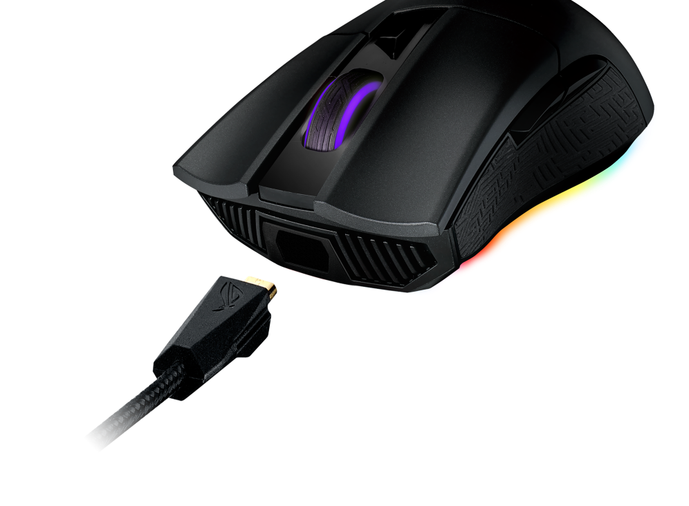 ROG Gladius II Origin angled view from the front with USB Type-C Cord