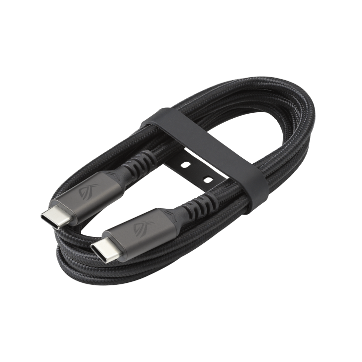 ROG 240W USB-C Cable with USB-C connectors on both ends, neatly coiled and secured with a black strap.