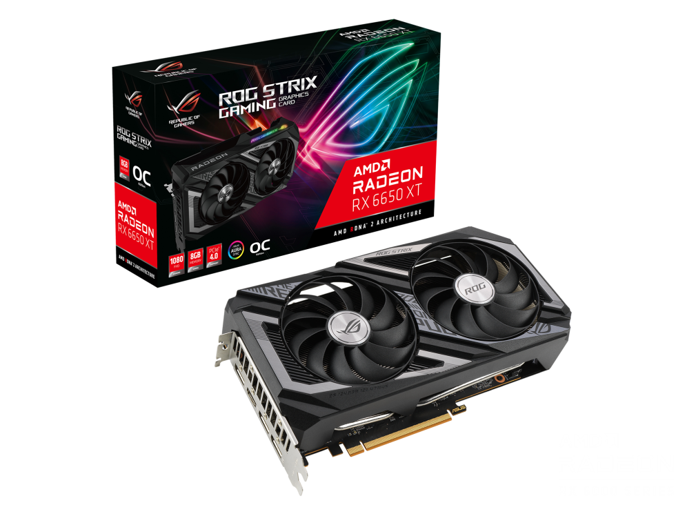 ROG Strix Radeon™ RX 6650 XT V2 OC Edition packaging and graphics card with AMD logo