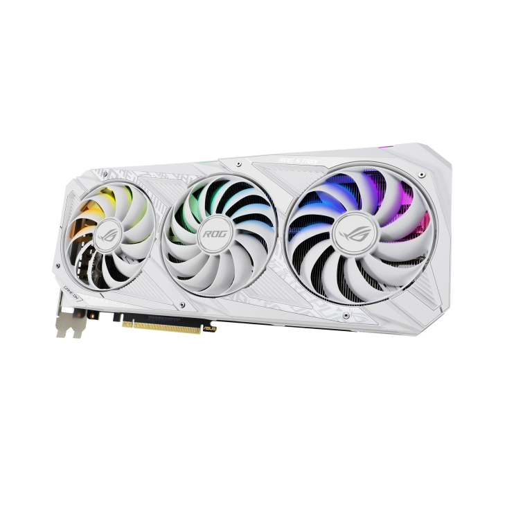 ROG-STRIX-RTX3080-10G-WHITE graphics card, front angled view