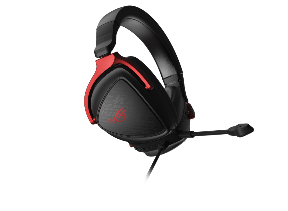 ROG Delta S Core, a wired, 3.5mm connection, PC, PS5, PS4, Switch and Xbox gaming headset focusing on the button of the earcup.