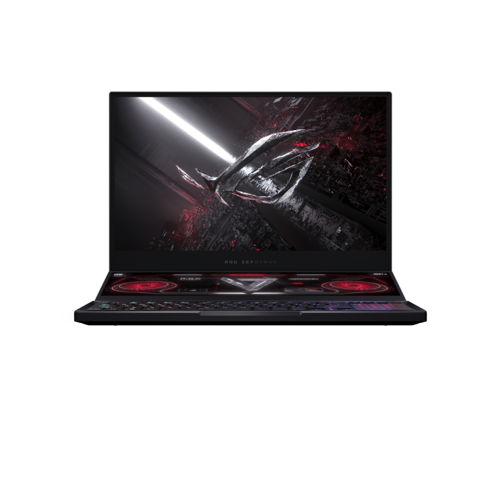 ROG Zephyrus Duo 15 Special Edition front view with the ROG Fearless Eye logo on screen.