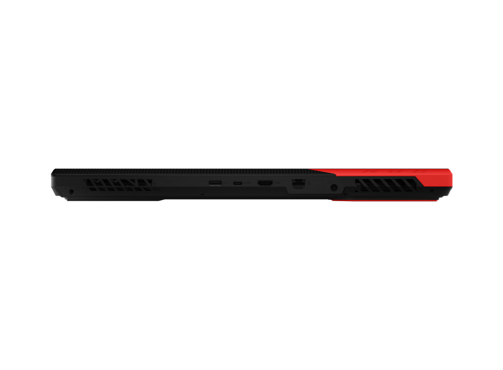 Profile view of the rear of the ROG Strix G17 Advantage Edition, with a USB-A, USB-C, HDMI, ethernet, and DC power port visible.