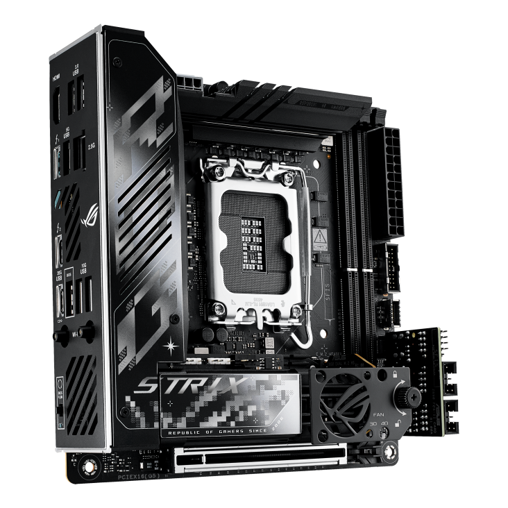 ROG STRIX Z890-I GAMING WIFI front view, 60 degrees, viewed from the bottom left looking upward