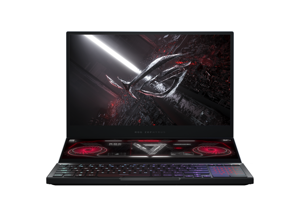 ROG Zephyrus Duo 15 Special Edition front view with the ROG Fearless Eye logo on screen.
