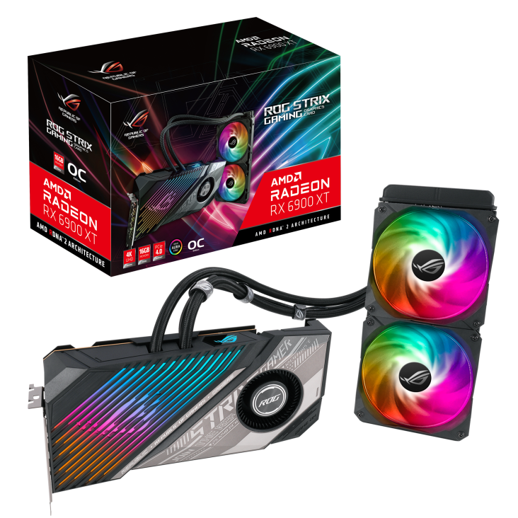 ROG-STRIX-LC-RX6900XT-O16G-GAMING packaging and graphics card