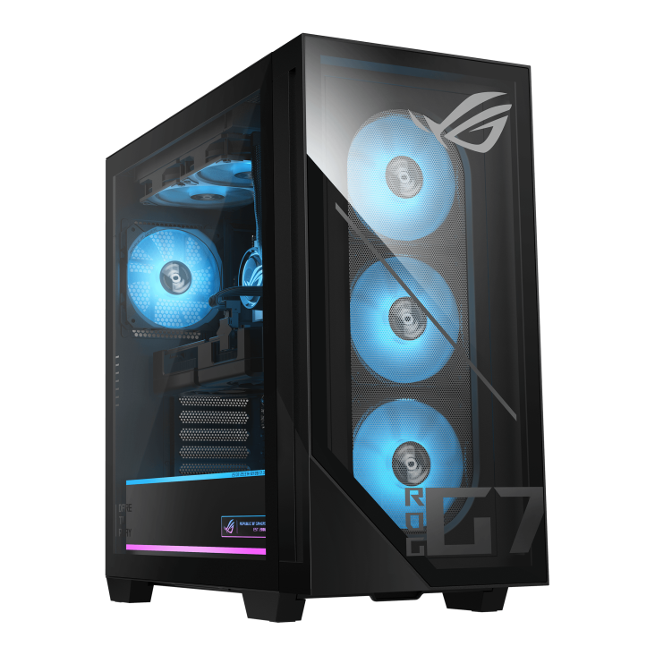 ROG G700 desktop tilted to the right with a transparent case revealing the internal structure of the computer