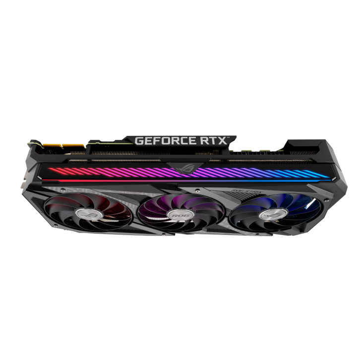 ROG-STRIX-RTX3090-O24G-GAMING graphics card, top view, highlighting the ARGB element