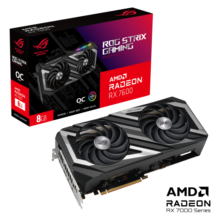 ROG STRIX Radeon RX 7600 OC Edition packaging and graphics card with AMD logo