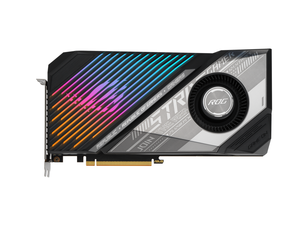 ROG Strix LC Radeon RX 6950 XT graphics card and radiator, front angled view with ARGB fans