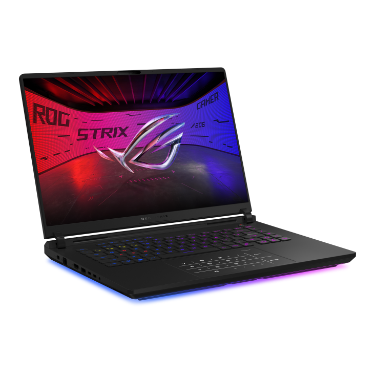 Off center shot of the front of the Strix SCAR 16, with the ROG Fearless Eye logo on screen