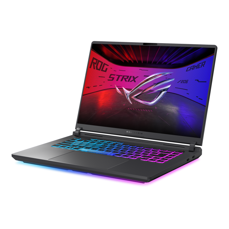 Off center shot of the front of the Strix G16, with the ROG Fearless Eye logo on screen