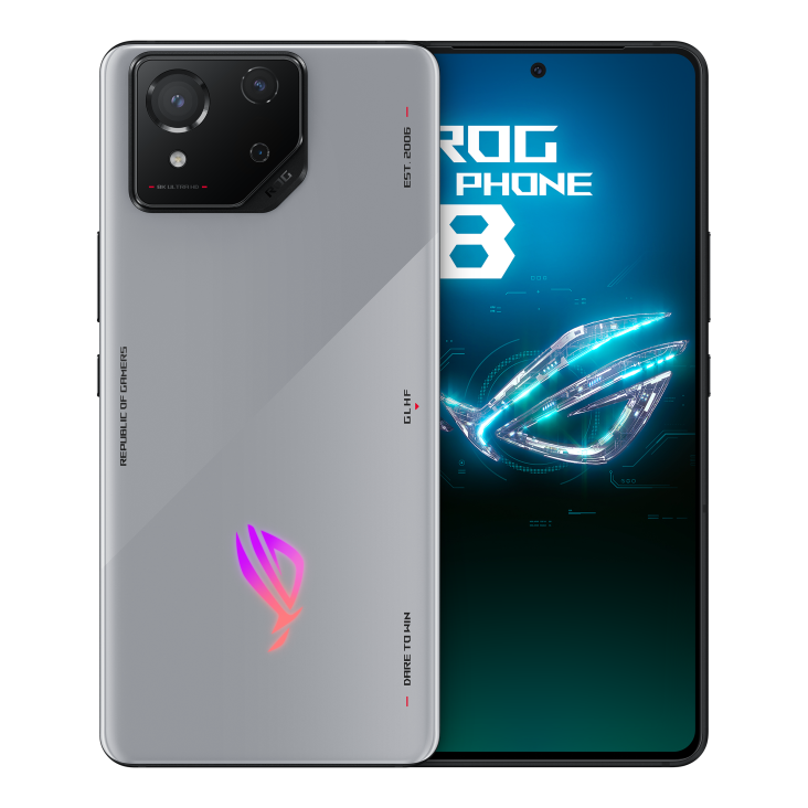Two ROG Phone 8 in Rebel Grey angled view from both front and back