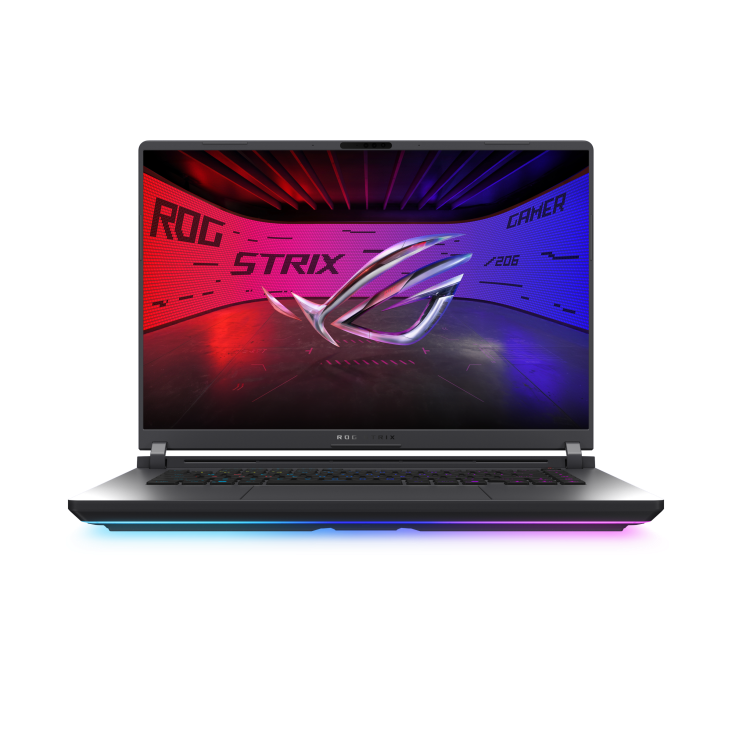 Front view of the Strix G16, with the ROG Fearless Eye logo visible on screen and the keyboard visible