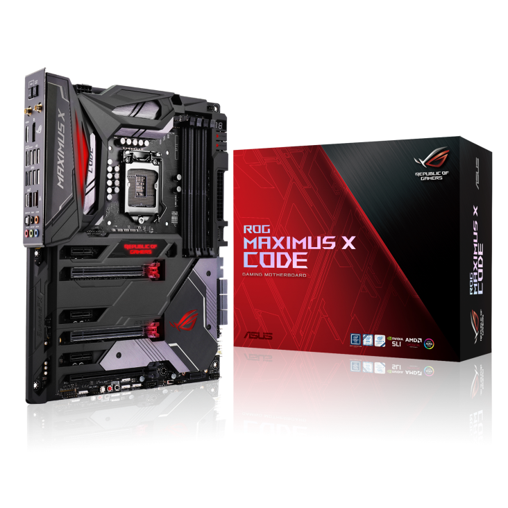 ROG MAXIMUS X CODE angled view from left with the box