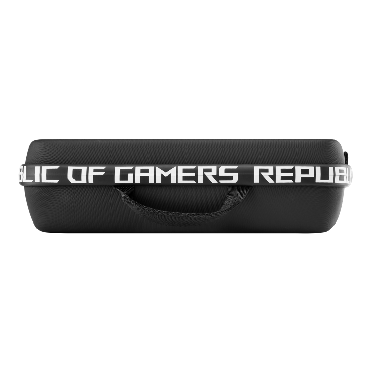 Side view of a black carrying case with the text REPUBLIC OF GAMER on the zipper