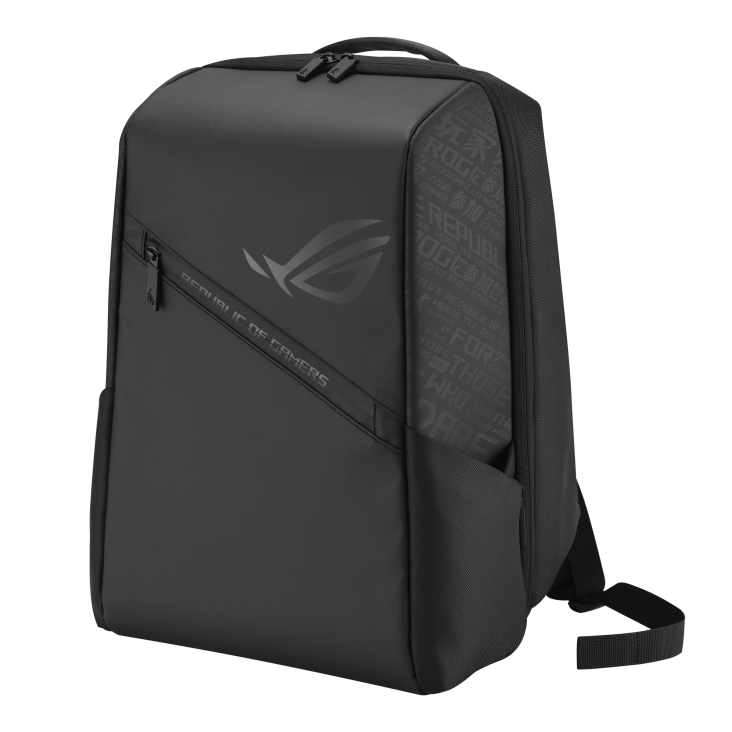 ROG Ranger Gaming Backpack 16_Side view of the ROG Ranger Gaming Backpack 16 with the ROG fearless eye logo and cybertext design on the side visible
