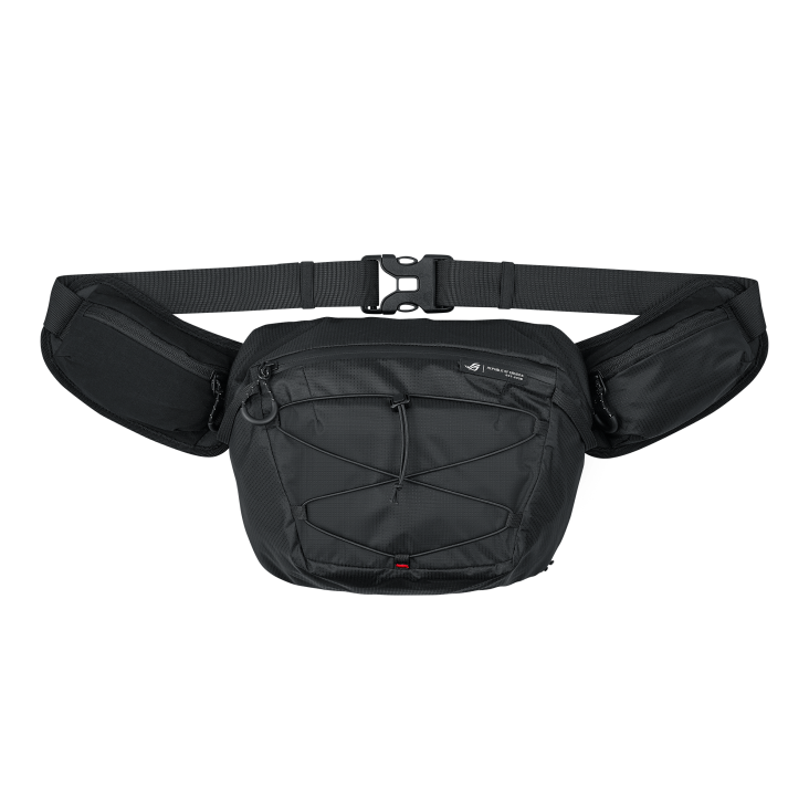 Compact ROG gaming waist pack with adjustable straps and multiple zippered compartments for easy access to essentials