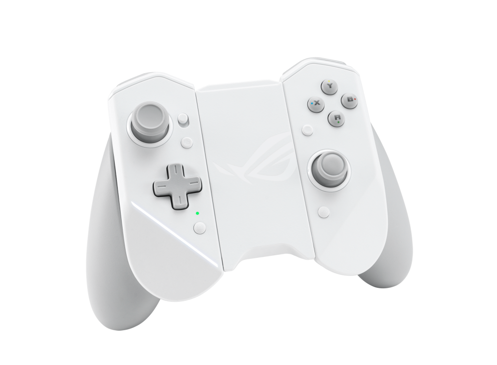 ROG Kunai 3 Gamepad Moonlight White angled view from front in All-in-one Mode, tilting at 45 degrees