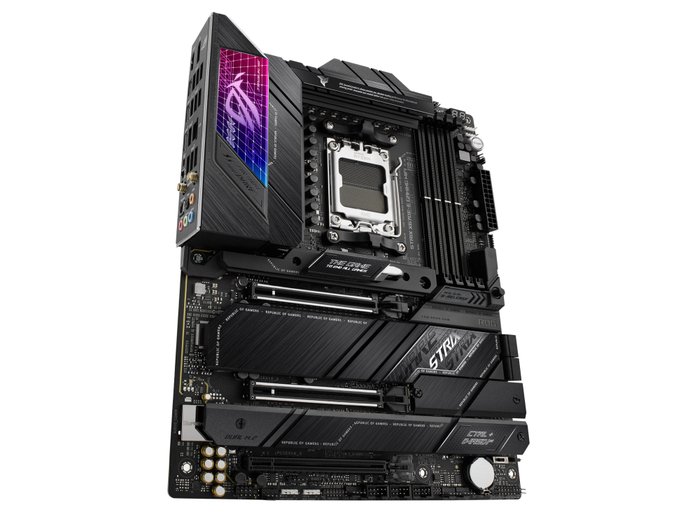 ROG STRIX X670E-E GAMING WIFI angled view from left