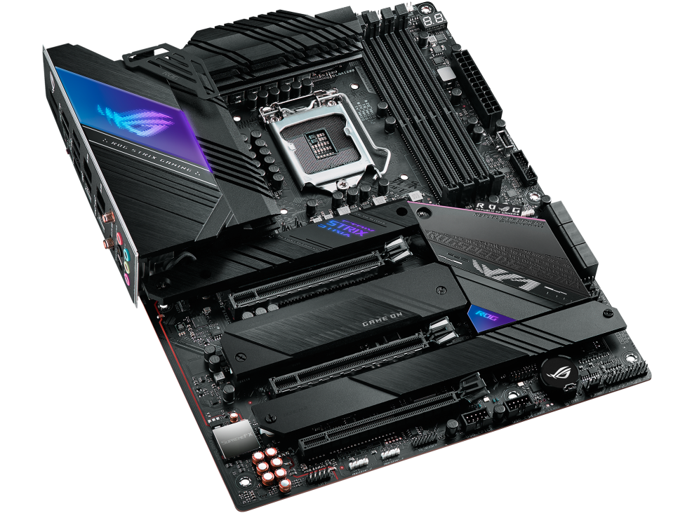 ROG STRIX Z590-E GAMING WIFI top and angled view from left